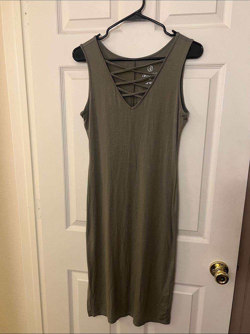 Decree Olive Green Sleeveless Midi Dress with Lattice V-Neck